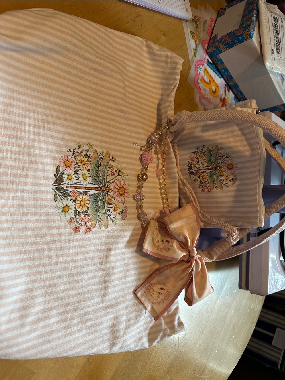 Canvas Pink Striped Tote with Floral Dragonfly Design and Bow